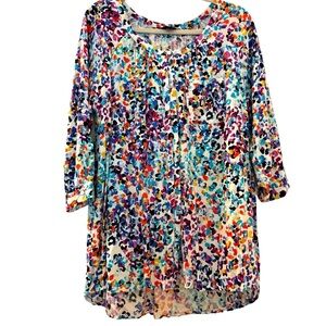 Intro blouse, tunic length, full button front, long/ button up sleeves. Colorful